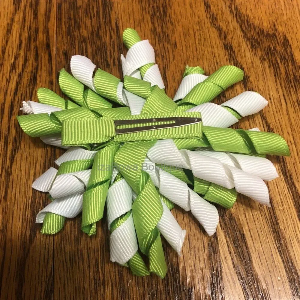 Lime Green & White Korker Bow   4B2117  Handmade NWT Boutique